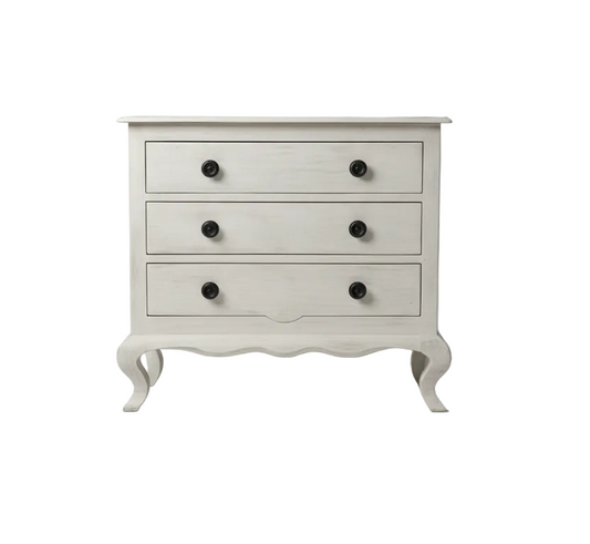 White dresser with three drawers on a plain background