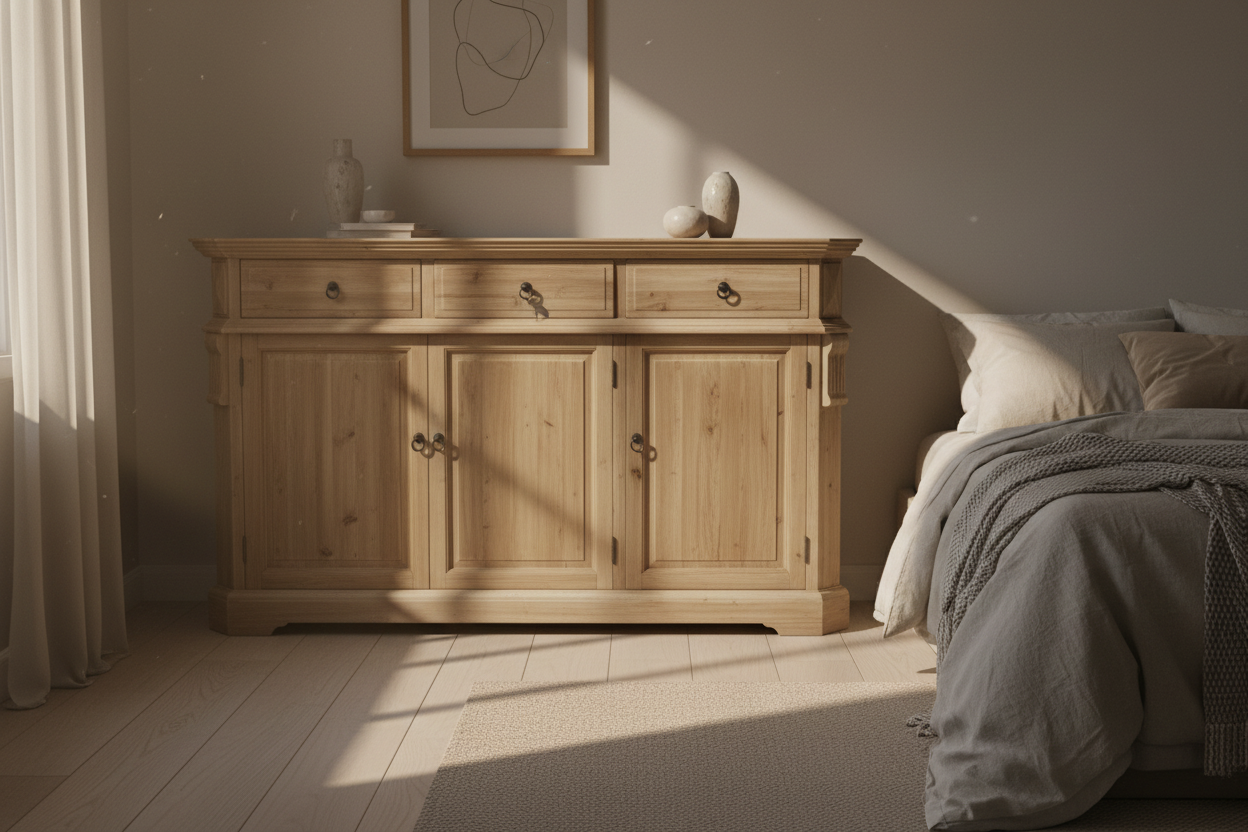 Wooden sideboard with three drawers and three doors on a white background