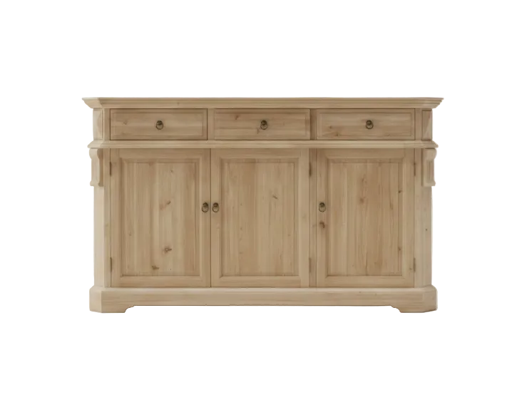 Wooden sideboard with three doors and two drawers on a white background