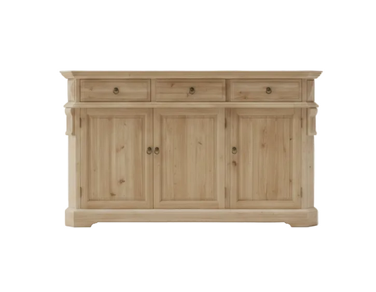 Wooden sideboard with three doors and two drawers on a white background