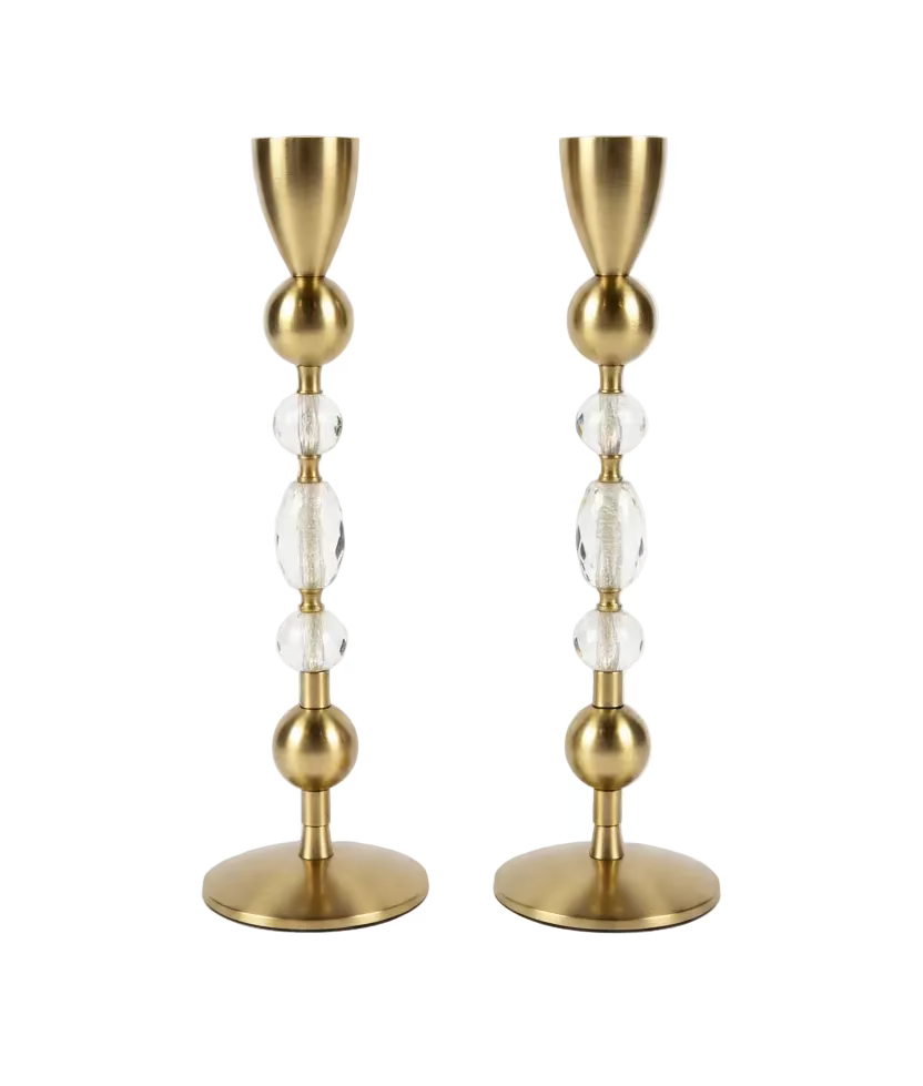 Gold and Glass Beaded Tapered Candleholders, Set of 2