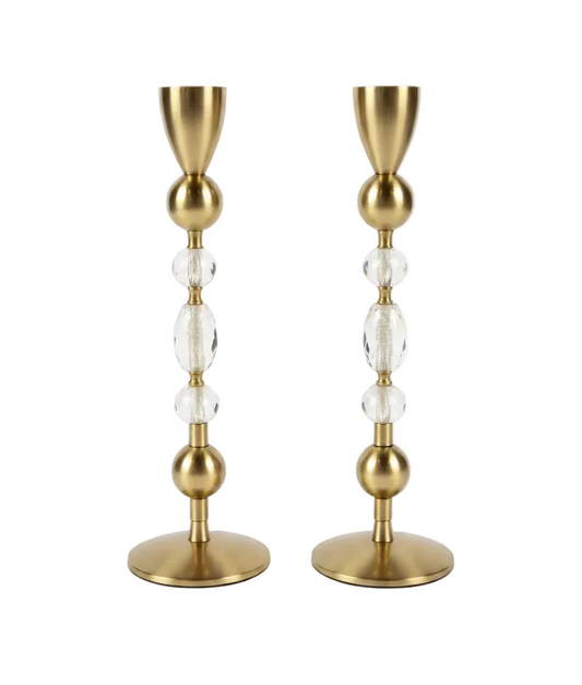 Gold and Glass Beaded Tapered Candleholders, Set of 2