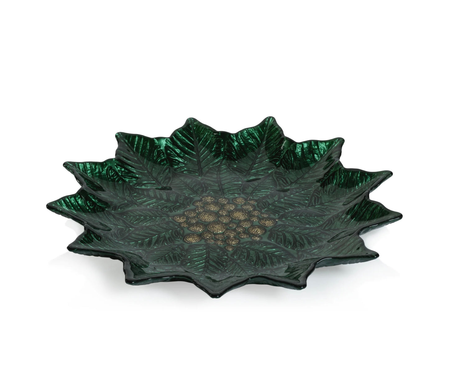 Poinsettia Glass Plate,Green/Gold
