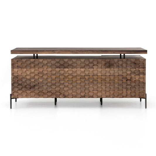 Wooden console table with wicker side on a white background