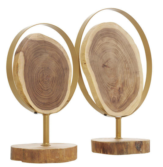 Handmade Live Edge Sculpture with Gold Rings, Set of 2