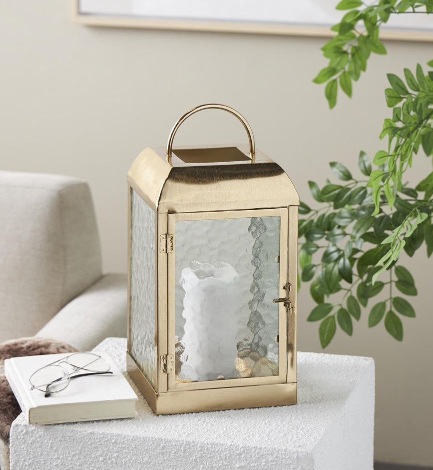 Gold Metal Lantern with Pebbled Glass (Various Sizes)