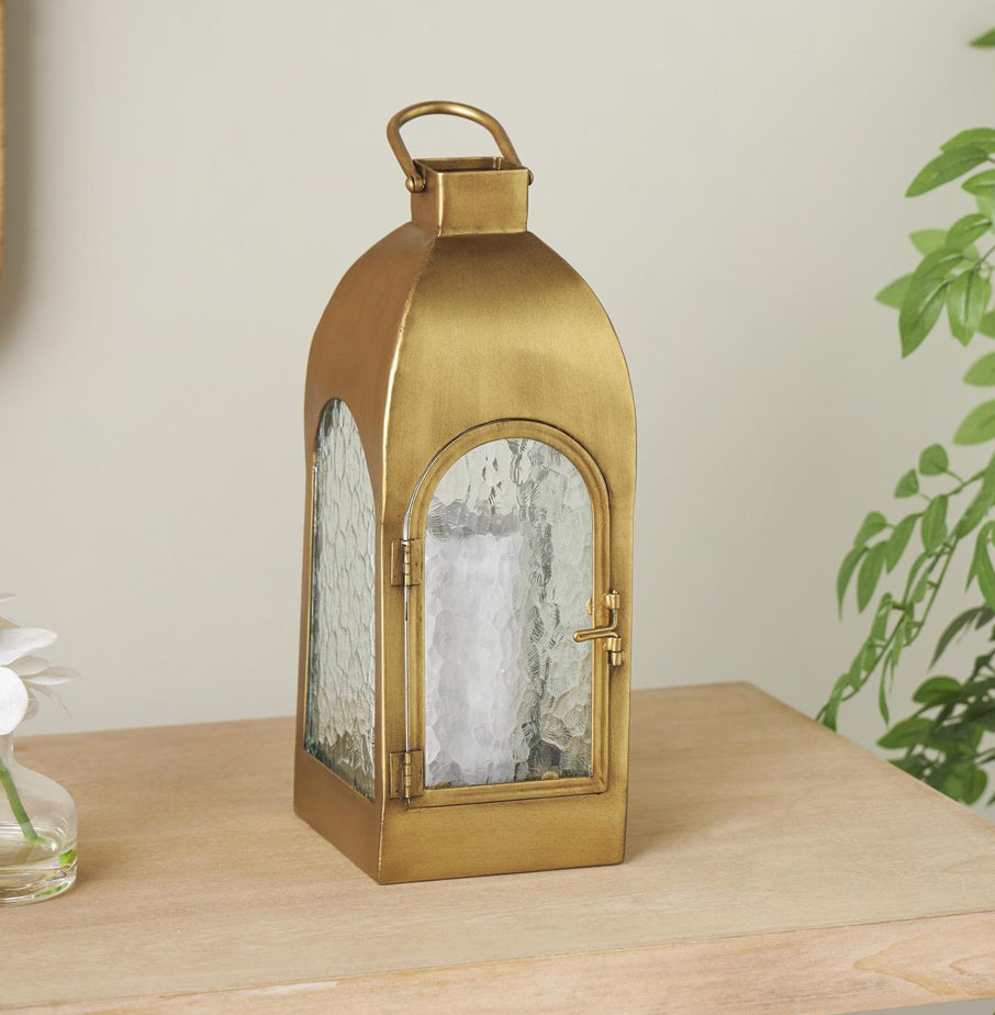 Gold Metal Lantern with Pebbled Glass (Various Sizes)