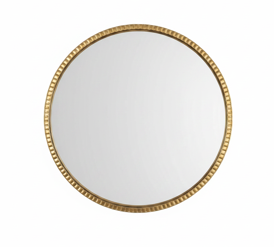 Round mirror with a gold frame on a white background