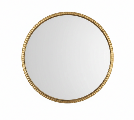 Round mirror with a gold frame on a white background