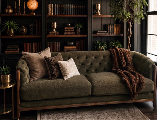 A dark green tufted velvet sofa in a cozy, dimly lit study with tall black bookshelves, decorative books, plants, and a brown throw blanket.