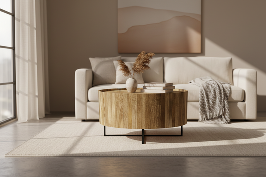 Round wooden table with a rustic design on a white background