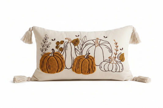 Hand Embroidered Pumpkin Pillow w/ Tassels