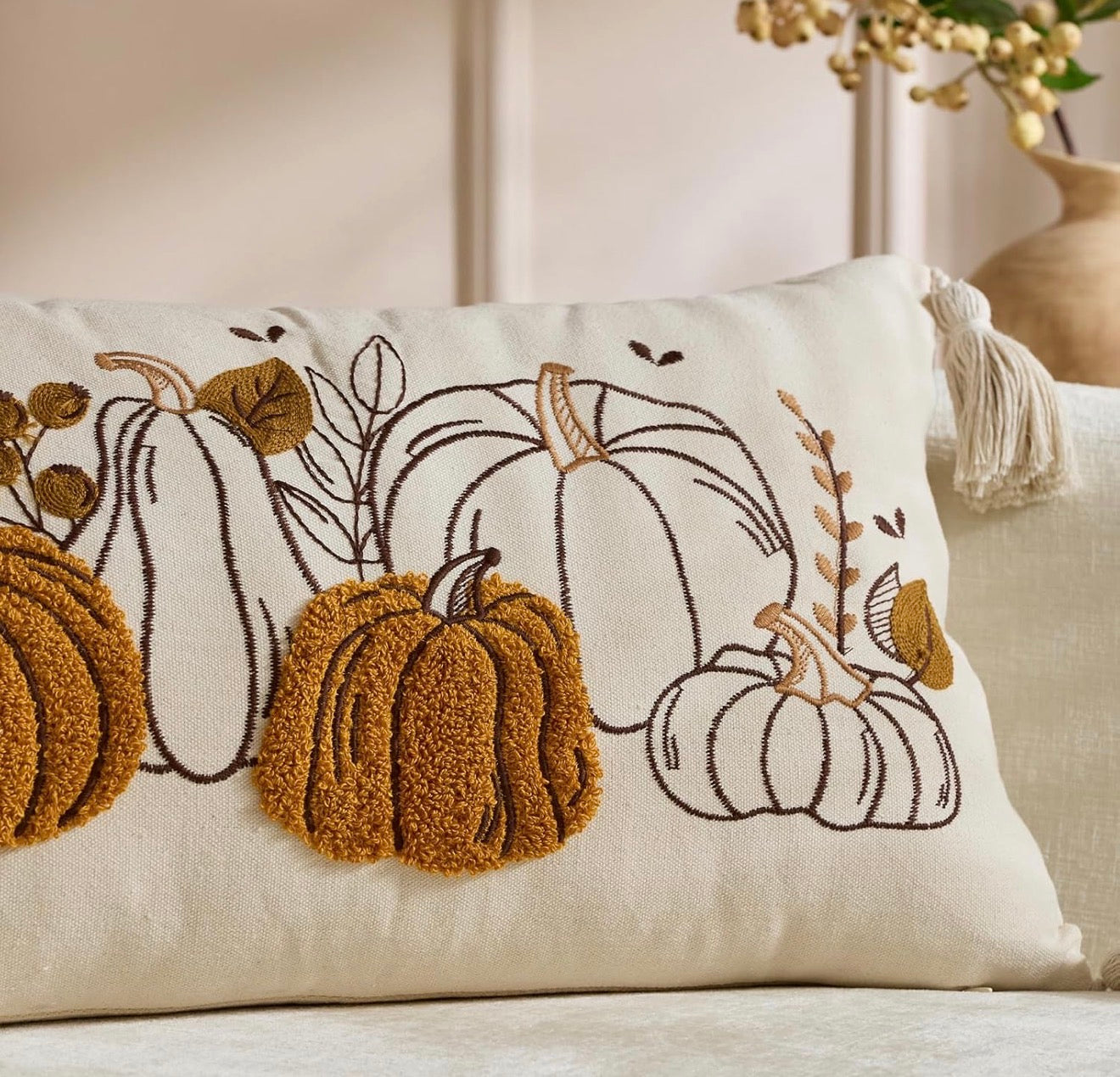 Hand Embroidered Pumpkin Pillow w/ Tassels