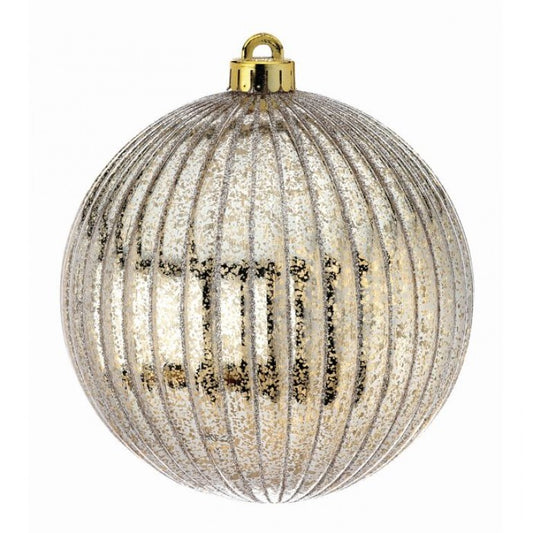 Ridged Mercury Glitter Stripe Ball Platinum Ornament, 140MM, Platinum