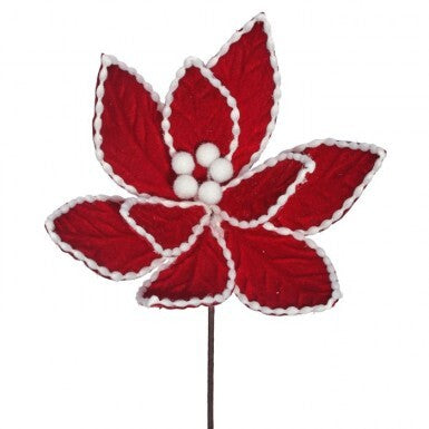 24" Velvet Beaded Edge Poinsettia Stem, Red