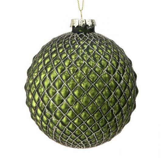 4" Glass Quilted Glitter Check Ball Ornament, Green/Gold