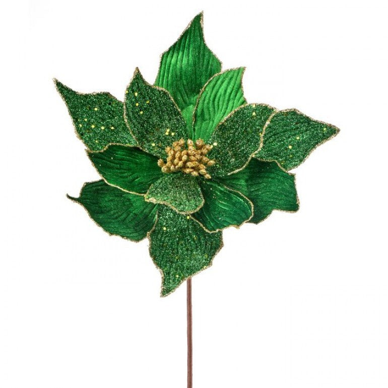 24" Velvet Glitter Beaded Poinsettia Stem, Green