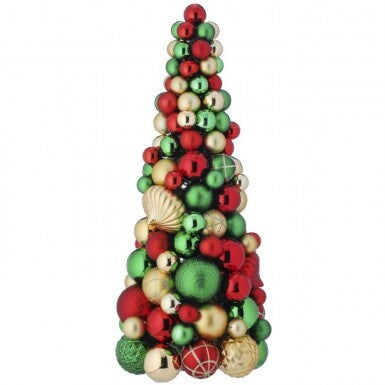 16" Mixed Ball Plaid Cone Tree, Red/Green/Gold