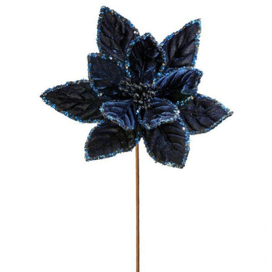 24" Sequin Edge Velvet Poinsettia Stem, Midnight Blue