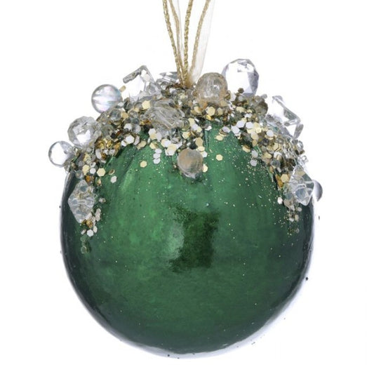 4" Jeweled Ball Ornament, Green/Gold