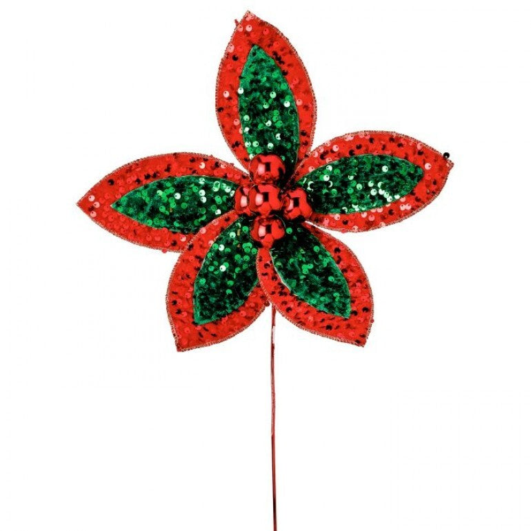 22" Sequin Poinsettia Stem, Red/Green