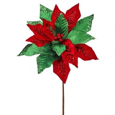 22" Classic Velvet Poinsettia Stem, Red/Green