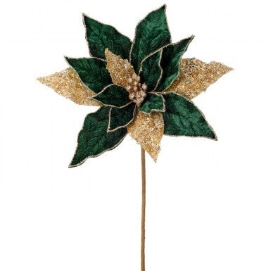 24" Regal Velvet Glitter Poinsettia Stem, Green/Gold