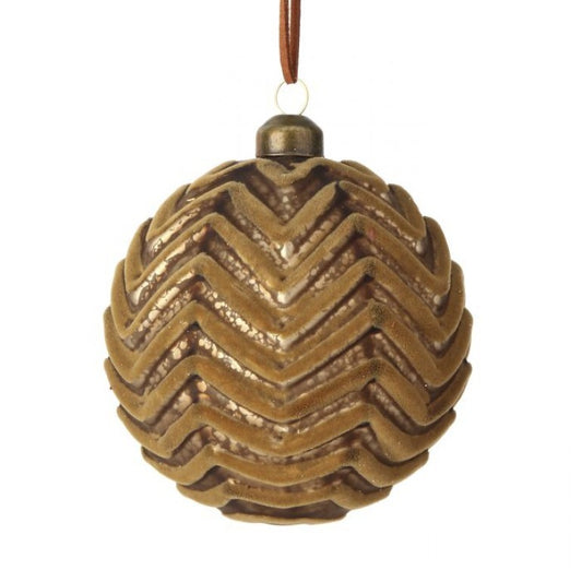 4" Glass Velvet Chevron Ball Ornament, Taupe