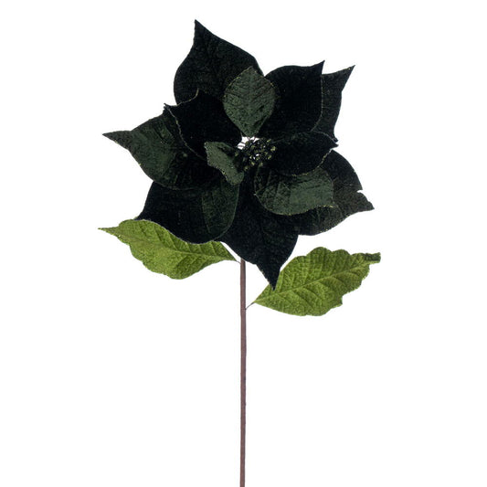 12" Green Velvet Glitter Trim Poinsettia