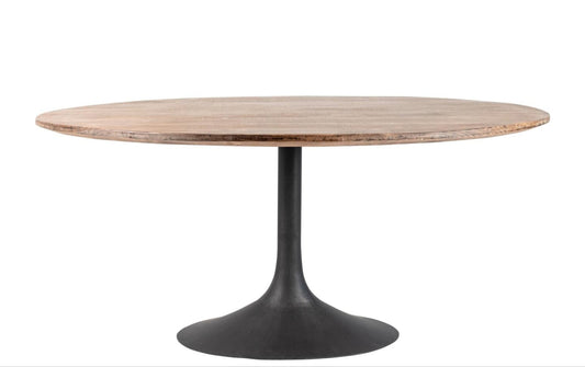 Round wooden table with a black pedestal base on a white background