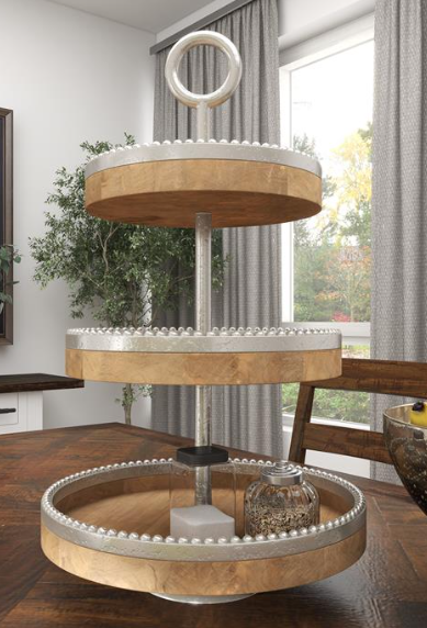 3-Tiered Tray, Wood & Silver