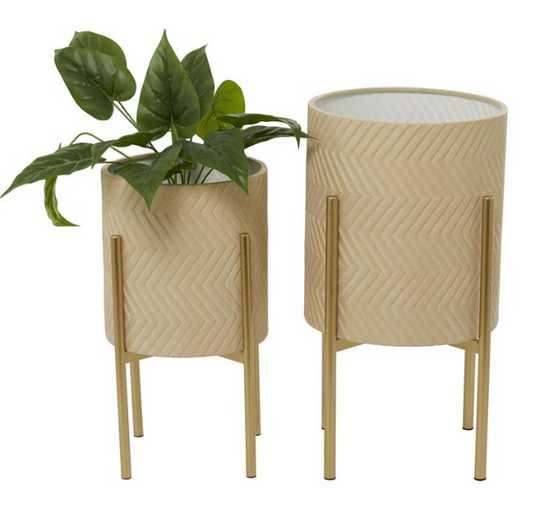 Beige Metal Planter on Gold Stand (Various Sizes)