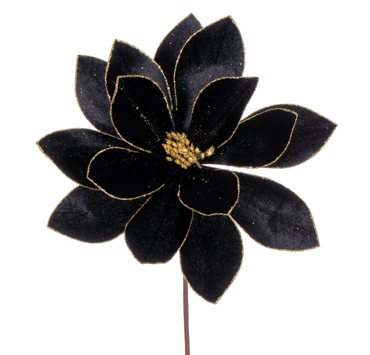 22" Black Velvet Sheen w/Gold Glitter Trim Poinsettia