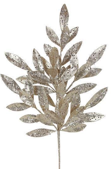 23” Glitter Bay Leaf Spray, Champagne