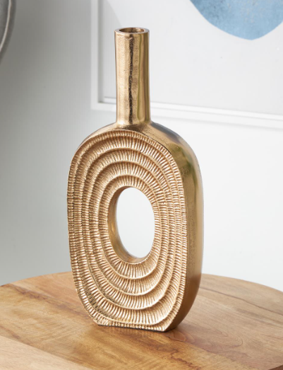 Gold Aluminum Geometric Circular Vase, Tall