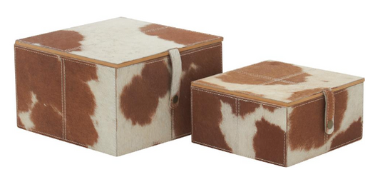 Brown Leather Cowhide Boxes, Set of 2