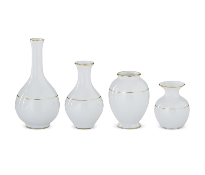 White Ceramic Bud Vases w/Gold Stripe (Various Styles)