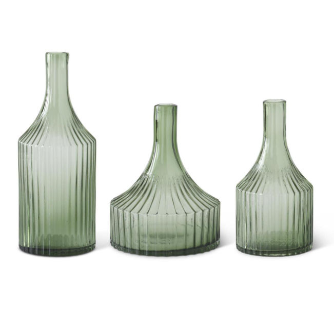 Transparent Green Glass Vertical Ribbed Vases (Various Sizes)
