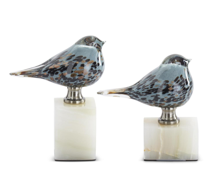 Blue Glass Birds w/ Marble Base (Various Sizes)