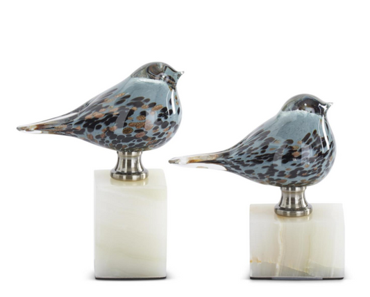 Blue Glass Birds w/ Marble Base, Set of 2