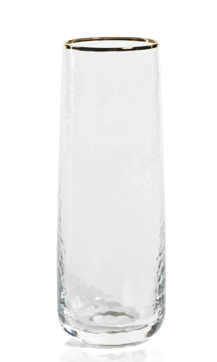 Negroni Hammered Stemless Flute, Clear w/Gold Rim