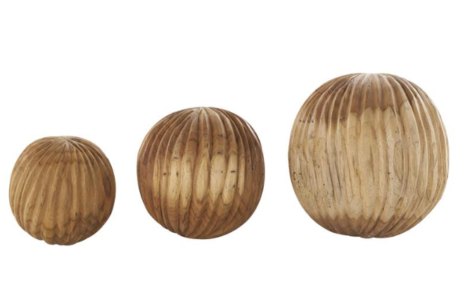 Brown Teak Wood Hand Carved Orbs, Set of 3