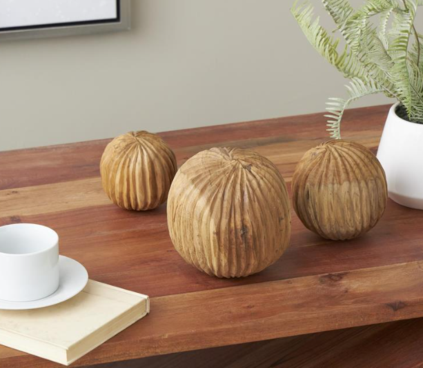 Brown Teak Wood Hand Carved Orbs, Set of 3