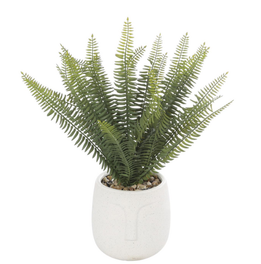 Green Faux Foliage Artificial Plant w/White Ceramic Pot