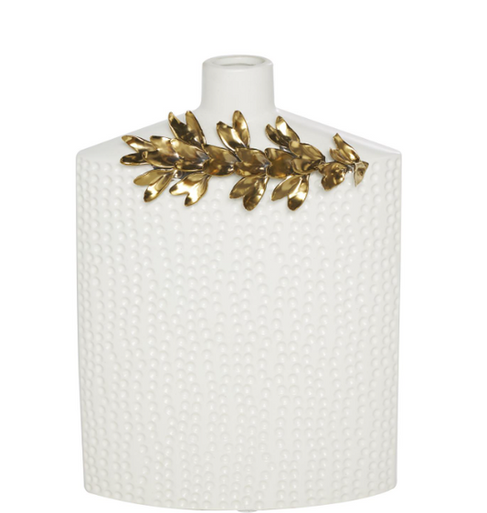 White Ceramic Vase w/Pattern & Gold Flowers (Various Sizes)