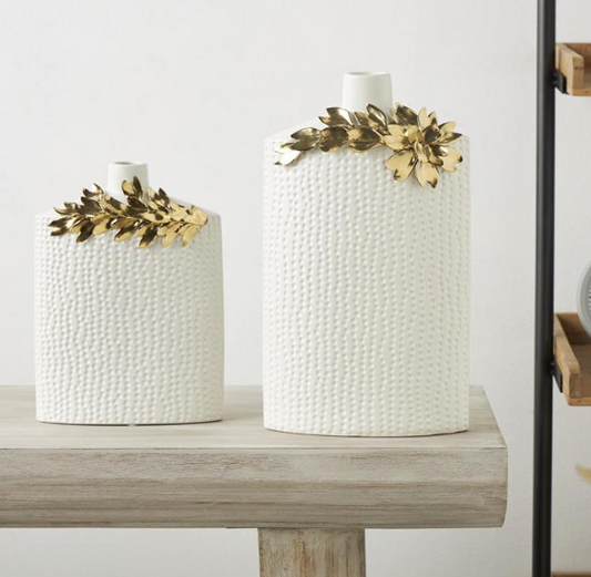 White Ceramic Vase w/Pattern & Gold Flowers (Various Sizes)