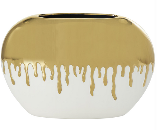 White Ceramic Vase w/Gold Melting Drips
