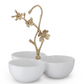 White Ceramic 3 Bowl Condiment Server w/Gold Metal Floral Handle