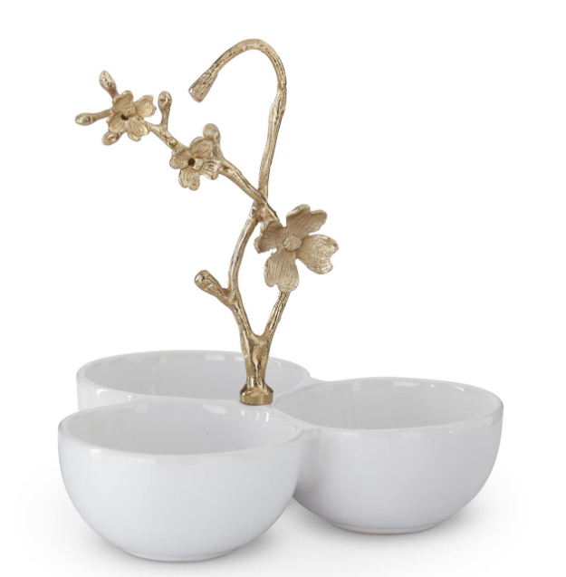 White Ceramic 3 Bowl Condiment Server w/Gold Metal Floral Handle