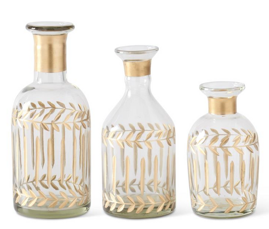 Gold Glided Leaf Etched Clear Vases (Various Sizes)